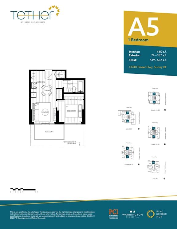 A floor plan for a 1 Bedroom apartment at Tether at King George Hotel.