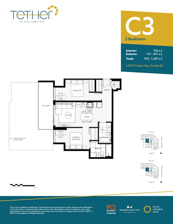 A floor plan for a 2 bedroom apartment at Tether at King George Hotel.