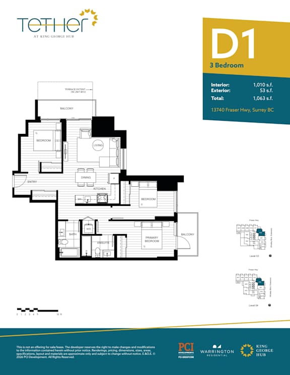 A floor plan for a D1 3 Bedroom apartment at King George Hwy.