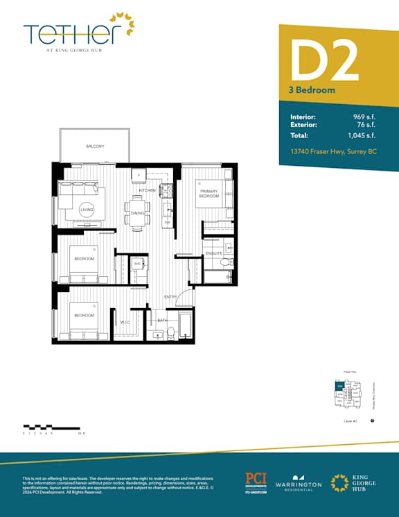 A floor plan for a 3 bedroom apartment at King George Hotel.