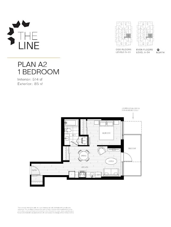 A floor plan for a one bedroom apartment is shown.