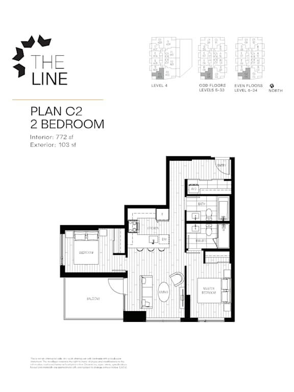 A floor plan for a two bedroom apartment is shown with all the rooms labeled.