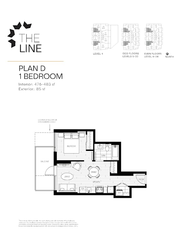 A floor plan for a one bedroom apartment is shown with a detailed diagram and measurements.