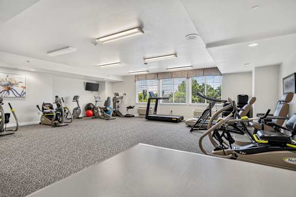 Well-lit gym at Lakeview Senior Living Apartments, Lakewood, Colorado