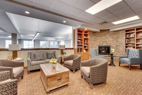 A living room with a fireplace and a bookshelf.