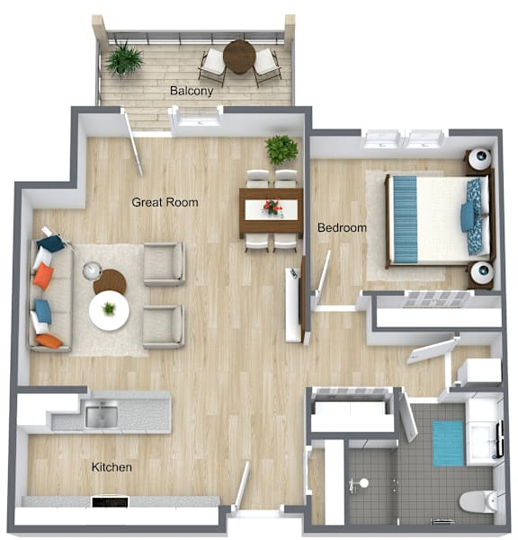 One bedroom apartment floor plan layout at Schuyler Commons Apartments, Utica, 13502