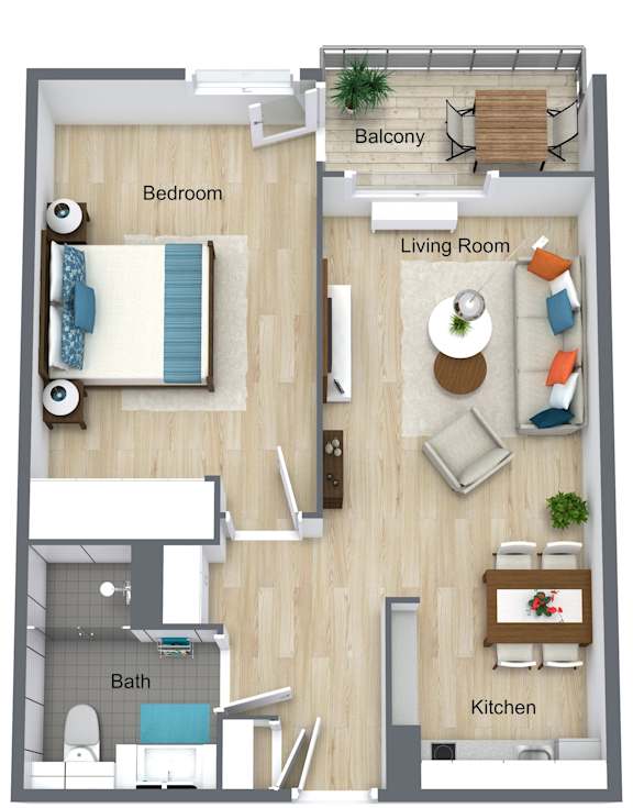 Floor Plan  1 bed 1 bath A at King City Senior Village Apartments, King City, OR, 97224