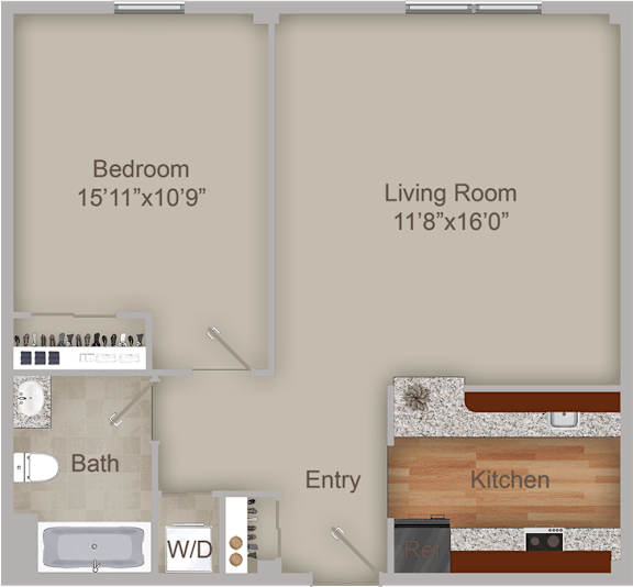 A floor plan of a small apartment with a bedroom, living room, kitchen, bathroom, and entry.