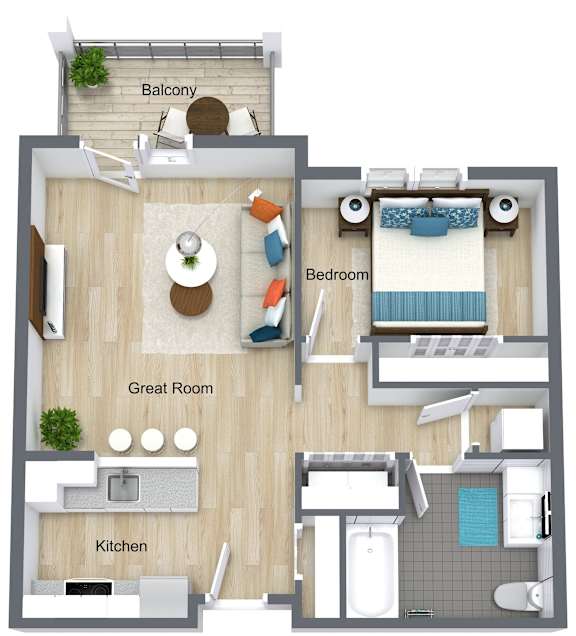 1 bed one bathroom floorplan with balcony at Schuyler Commons Apartments, Utica