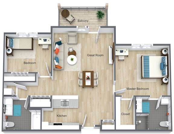 2 bed 2 bath floorplan with balcony at Schuyler Commons Apartments, New York, 13502