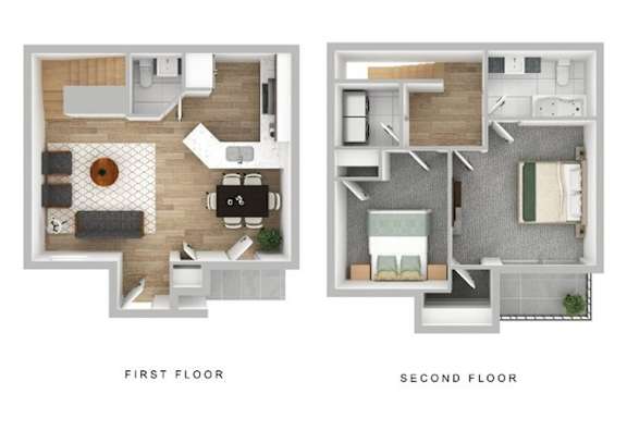 A floor plan of a two-story apartment with labeled first and second floors.