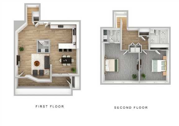A floor plan of a two-story house with labeled first and second floors.