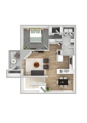 A floor plan of a house with a living room, kitchen, and two bedrooms.
