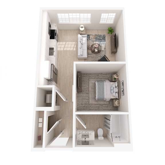 A top-down view of a small, neatly organized apartment.
