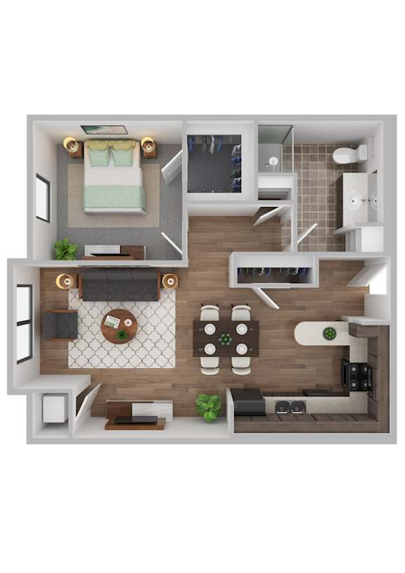 A top-down view of a modern apartment layout with a kitchen, living room, and bedroom.