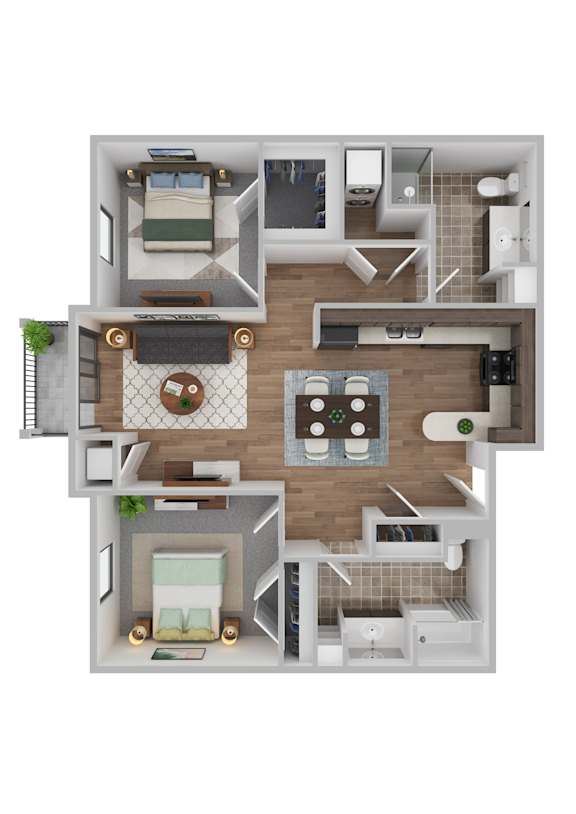 A 3D floor plan of a house showing a kitchen, living room, and two bedrooms.