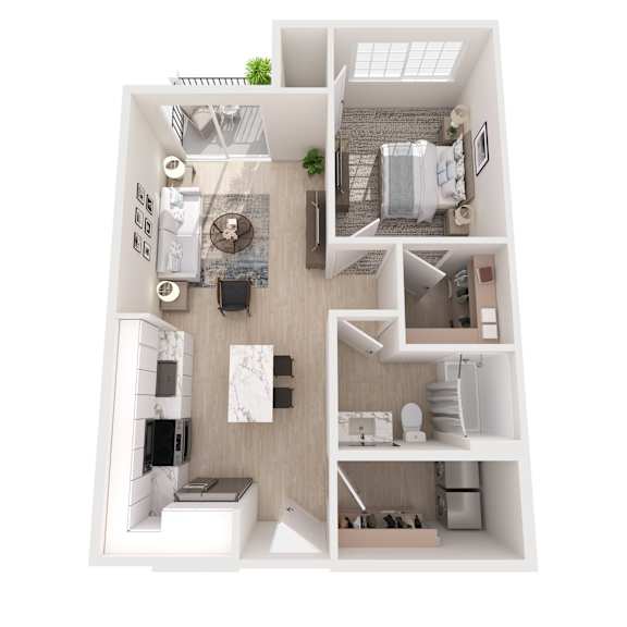 A top-down view of a small apartment with a kitchen, living room, and bathroom.