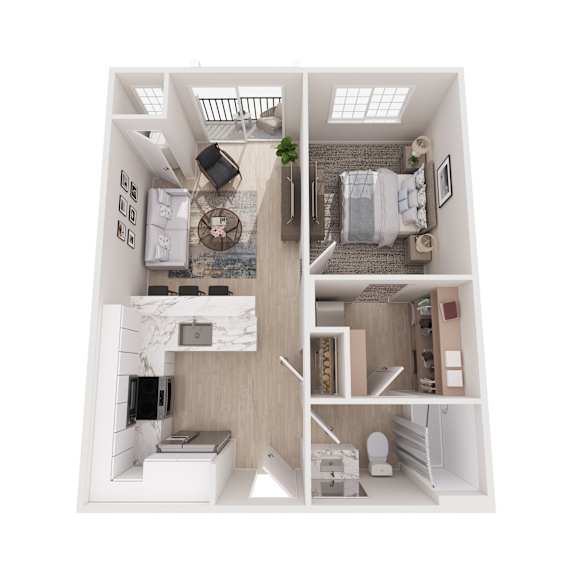 A top-down view of a small apartment with a kitchen, living room, and bedroom.