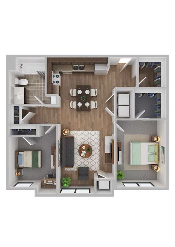 A top-down view of a small apartment with a kitchen, living room, and bathroom.