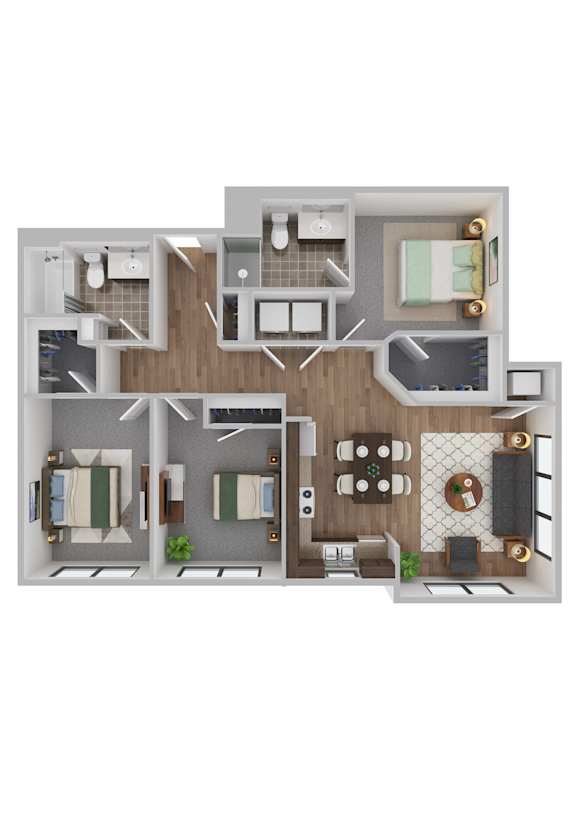 A floor plan of a house with a kitchen, living room, dining room, and bathrooms.