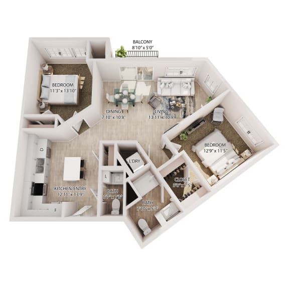 2 bedroom, 1.5 bath floor plan