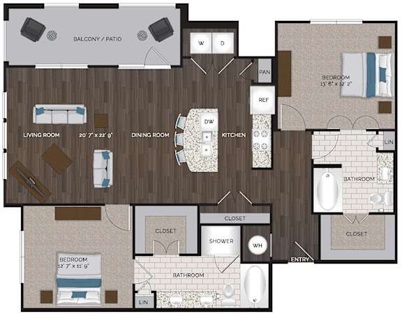 A floor plan of a house with a living room, dining room, kitchen, and multiple bedrooms.