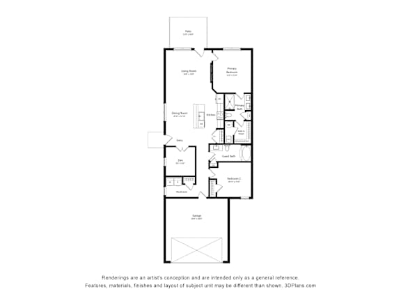 A floor plan of a house with a living room, dining room, kitchen, and two bathrooms.
