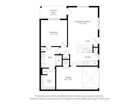 A floor plan of a house with a living room, two bedrooms, a bathroom, a kitchen, a garage, and a covered patio.