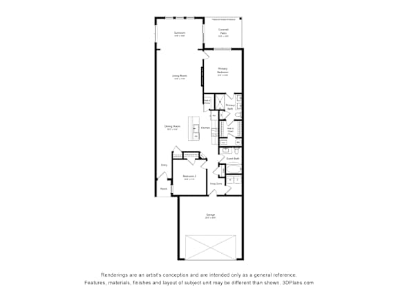 A floor plan of a house with a kitchen, living room, dining room, and two bedrooms.