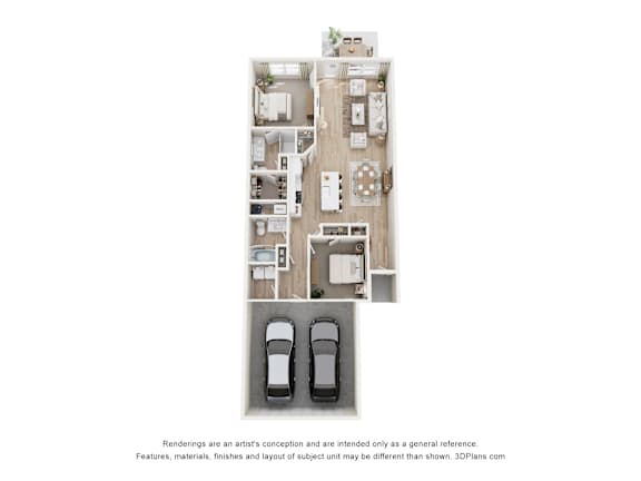 A 3D floor plan of a house with two cars parked in the garage.