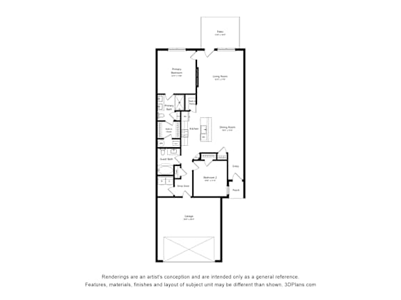 A floor plan of a house with a kitchen, living room, and bathrooms.