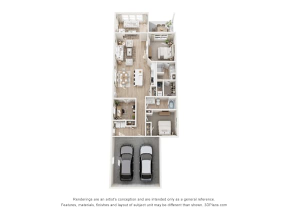 A 3D floor plan of a house with two cars parked in the garage.