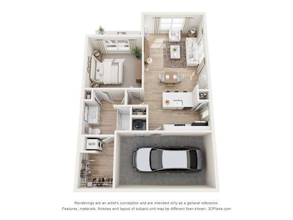 A 3D floor plan of a house with a kitchen, living room, bedrooms and a garage.