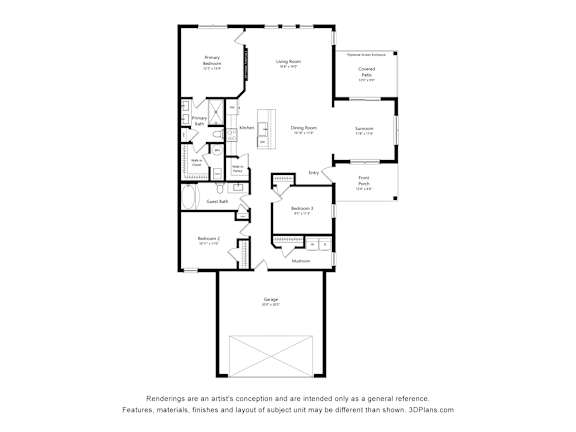 A floor plan of a house with a garage and a note that renderings are a general reference.