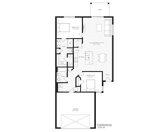A black and white drawing of a house plan with two bedrooms and a living room.