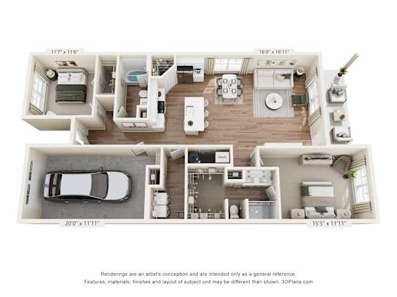 A floor plan of a two-bedroom apartment with dimensions and a disclaimer.