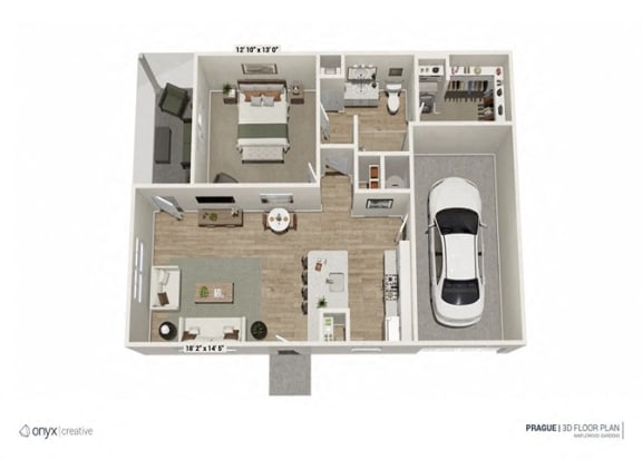 a spacious floor plan with a car in the garage