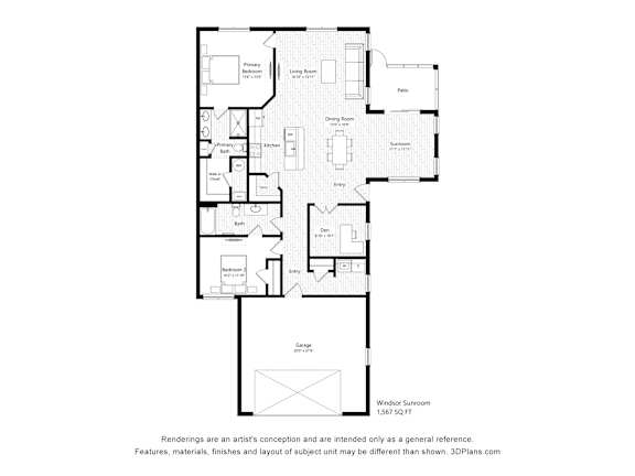 A floor plan of a house with a living room, dining room, kitchen, and two bathrooms.