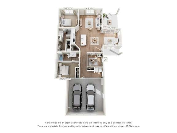 A 3D floor plan of a house with two cars parked in the garage.
