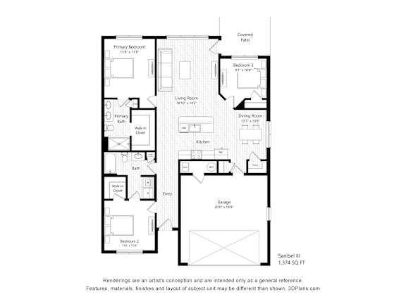 A floor plan of a Sanibel III 1,374 square foot home.