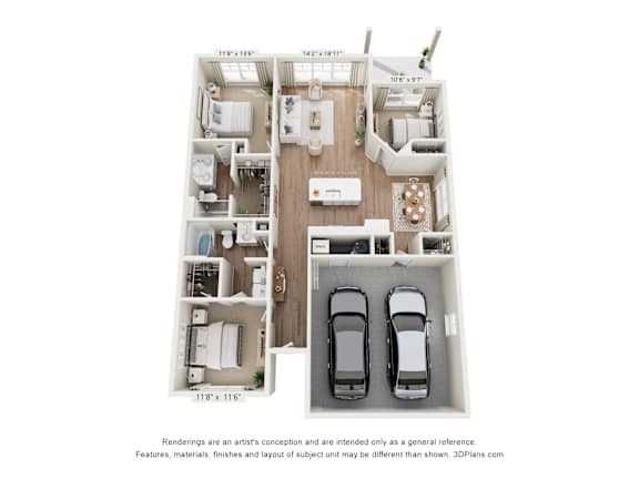 A 3D floor plan of a house with two bedrooms, a living room, a kitchen, and a garage.