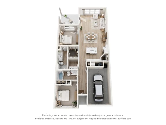 A 3D floor plan of a house with a kitchen, living room, and bathroom.