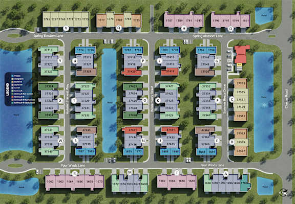 A map shows a grid of buildings with a pond and paths.
