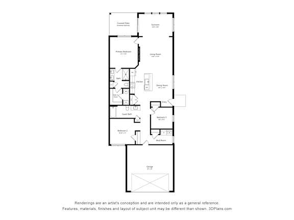 A floor plan of a house with a kitchen, living room, dining room, and two bedrooms.