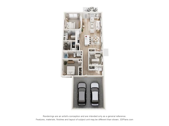 A 3D floor plan of a house with two cars parked in the garage.
