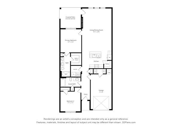 A floor plan of a house with a living room, two bedrooms, a bathroom, a kitchen, and a garage.