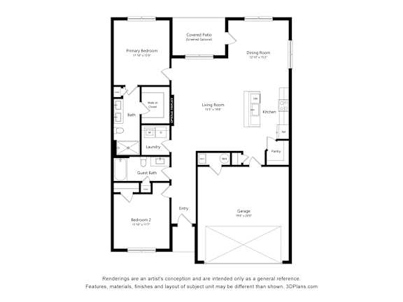 A floor plan of a house with a living room, dining room, kitchen, and two bedrooms.