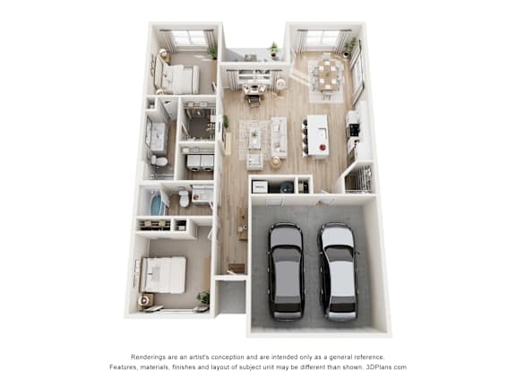 A 3D floor plan of a house with two bedrooms, a living room, a kitchen, a bathroom, and two parking spaces.
