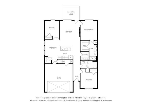 A floor plan of a house with a living room, dining room, kitchen, and two bathrooms.