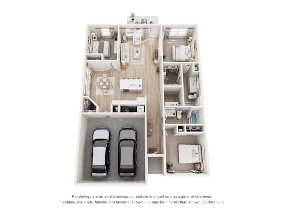 A 3D floor plan of a house with two bedrooms, a living room, a kitchen, a dining room, and two parking spaces.